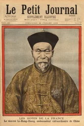 Porträt des Vizekönigs von Petchili, Li Hung Chung, außerordentlicher chinesischer Botschafter in Frankreich, bei einem offiziellen Besuch im Jahr 1896. Gravur in „Le petit journal“ 28/07/1896. Selvas Sammlung.