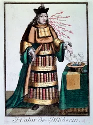 Beruf: Die Kleidung des Arztes. Ein Mann, der die Bücher von Galen und Avicenna trägt, zeigt auf ein Becken mit einer Flüssigkeit, ein Rezept und nennt Behandlungen