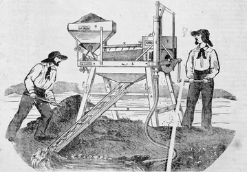 Werbung „The Fortune, Company of the Gold Mines of California“: Bild, das zwei Goldgräber zeigt, die in Waschmaschinen arbeiten und Gold mischen - in „Le Charivari“ vom 25. Juni