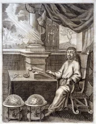 René Descartes (1596 - 1650) in seinem Büro mit wissenschaftlichen Geräten. Gravur des 17. Jahrhunderts