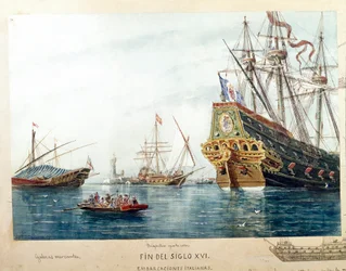 Darstellung italienischer Schiffe, Galeeren, Brigantinen des 16. Jahrhunderts (Aquarell)