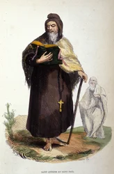 Darstellung von Antonius dem Großen, ägyptischer Anachoret (251 - 356), Gründer des christlichen Eremitentums und Paulus von Theben (er soll Antonius in Thebais vorausgegangen sein). Gravur aus dem 19. Jahrhundert.