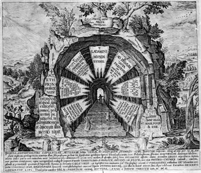 Darstellung des Eingangs des Hauses der Mysterien, symbolisch für das ewige Leben. Gravur des „Amphitheatrum sapientiae aeternae“.