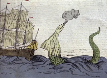 Darstellung der Seeschlange, die der norwegische Missionar Hans Egede (1686-1758) während seiner Reise nach Grönland sah. Gravur des 18. Jahrhunderts