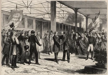 Revolution von September 1868 in Spanien (Gloriosa): Ankunft von Salustiano Olozaga (1805-1873) in Madrid. Gravur in „L