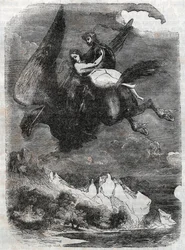 Roger und Angelique auf dem Hippogreif - Gravur von 1851 aus „Roland furieux“ (Orlando furioso) (16. Jahrhundert) von Ludovico Ariosto, bekannt als Ariosto - Ausgabe übersetzt aus dem Italienischen von Graf von Tressan und veröffentlicht von Gustave Harvar