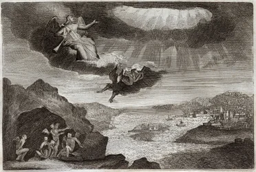 Royaumont-Bibel, Neues Testament: Die fünfte und sechste Posaune der Offenbarung. Die Heuschrecken und die vier Engel. Illustration von 1811.