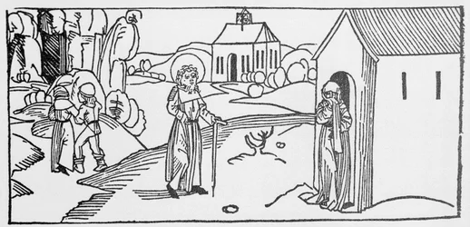 Heiliger Pastor. Gravur aus „Leben der Heiligen - sommerteil“ (Das Buch der Heiligen) von Jacobus (James) von Voragine (1228-1298). Lübeck 1488.