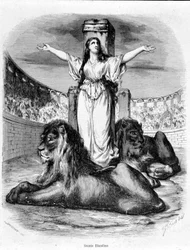 Heilige Blandine in der Arena, die Löwen liegen zu ihren Füßen (Christenverfolgungen in Lyon) - in „Histoire des popes“ von Maurice Lachatre