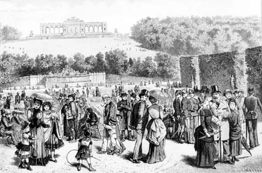 Schönbrunn Park in Wien. Radierung 19. Jahrhundert.