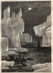 Zweite Reise (1772-1775) von Kapitän James Cook (1728-1779): die Eisinseln (Eisberg), Überquerungen auf dem Weg zum Kap der Umgehung (Bouvetinsel, Antarktis) - Illustration aus „Die großen Seefahrer des 18. Jahrhunderts“
