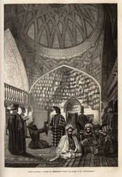 Tataren beim Gebet, in der Moschee von Schusha (Transkaukasien, Russland). Gravur zur Illustration der Reise in die Provinzen des Kaukasus, von Basile Vereschaguine, 1864-1865, veröffentlicht in „le tour du monde“, unter der Leitung von Edouard Charton, Ha