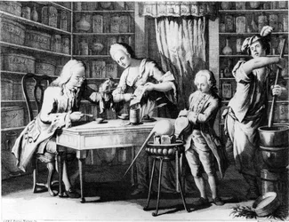Der Apotheker. Gravur aus dem 19. Jahrhundert