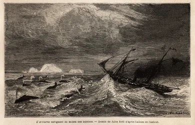 Die Arcturus, ein dänischer Liner, der zwischen Kopenhagen und Island verkehrt, auf dem der Autor einschifft, um Reykjavik zu erreichen, segelnd unter Walen. Gravur zur Illustration der Reise nach Island, Geschichte von Noel Nougaret, 1866, veröffentlicht 