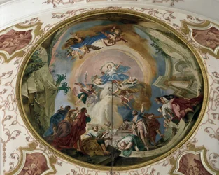 Die Himmelfahrt der Jungfrau. Fresko des Gewölbes, Abteikirche von Ebersmunster, Elsass