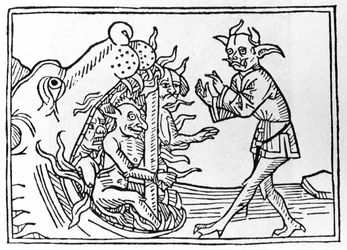 Der Belial-Prozess: „Der Belial-Dämon kehrt zum Eingang der Unterwelt zurück“ Gravur aus „Der Belial-Prozess“ von Jacobus de Teramo (oder Palladino), Augsburg