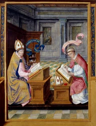 Der Bischof von Jerusalem, Heiliger Kyrill (315-386) und Heiliger Augustinus (354-430) Miniatur auf Pergament aus dem 16. Jahrhundert