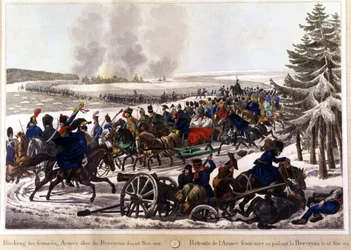 Die französischen Truppen zogen sich am 26.11.1812 über die Beresina (Berezina) zurück. Gravur aus dem 19. Jahrhundert.