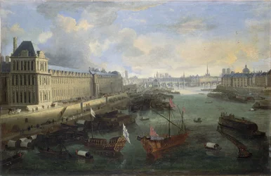 Die Grande Galerie des Louvre, der Pont-Neuf, die Cité, das Collège des Quatres-Nations, ca. 1670 Auf der Seine, die königliche Galeere, zwischen 1670 und 1685