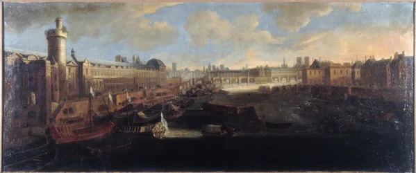 Die Grande Galerie des Louvre, mit der Porte Neuve, der Pont-Neuf, der Cité, dem Collège des Quatres-Nations im Bau und dem Quai Malaquais, um 1665, auf der Seine die königliche Galeere, heutige 1. und 6. Arrondissements, zwischen 1660 und