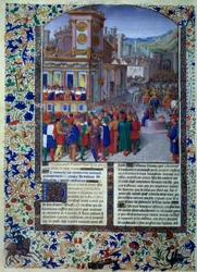 Die Römer bereiten die Belagerung von Veii im Jahr 396 v. Chr. vor. Miniatur aus "Histoire romaine" (Ab urbe condita) von Titus Livius, übersetzt von Pierre Bersuire 1450-1500 Paris, BN