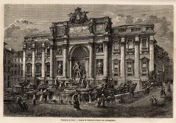 Der Trevi-Brunnen in Rom, fertiggestellt 1762, ist ein Beispiel für die Fortführung des Barockstils im 18. Jahrhundert in Italien. Basierend auf dem Palazzo Poli, dominiert dieses monumentale Werk in Form eines Triumphbogens den kleinen Platz, auf dem es s