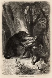 Der Autor, während eines Ausflugs um Jacksonville, wird im Wald von einem zahmen Bären und einer Kette überrascht. Gravur zur Illustration der Geschichte Vier Monate in Florida, von Achille Pousselgue, veröffentlicht in „Le tour du monde“ 1870-1871, heraus