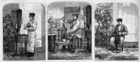 Die Abfüllung von Champagnerwein. Gravur von 1864.