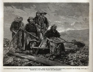 Die Kohlesortierer, Typ von Creusot; im Vordergrund, sitzend auf der Schubkarre, die älteste der Sortierer, die Mutter Dion, 36 Jahre Sortierung. Gravur zur Illustration einer Reise nach Creusot und den Minen von Saône und Loire, 1865, von L. Simonin, in „