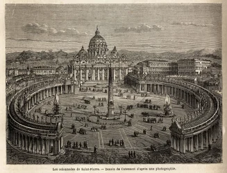 Die Kolonnaden des Petersdoms im Vatikan, von Bernini (1598-1680) im Jahr 1655 auf einem elliptischen Plan errichtet, der zu einem Gemeinplatz der barocken und Rokoko-Architektur wurde. Illustration der Reise nach Rom, von Francis Wey, 1864-1868, veröffent