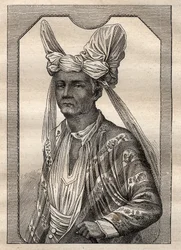 Weltumsegelung (1790-1792) von Kapitän Etienne Marchand (1755-1793): Porträt des Königs der Insel Timor (Indonesischer Archipel) - Illustration aus „Die großen Seefahrer des 18. Jahrhunderts“