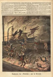 Die Explosion der „Petrolea“, eines englischen Dampfers, der Öl transportiert, in Blaye, an der Gironde. Gravur in „Le petit journal“ 4/06/1892. Sammlung Selva.