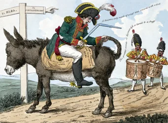 Die Reise eines modernen Helden zur Insel Elba. Diese Karikatur zeigt Napoleon Bonaparte, der auf einem Esel auf dem Weg von Fontainebleau zur Insel Elba sitzt; er hält ein zerbrochenes Schwert in einer Hand und die Zügel in der anderen