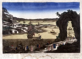 Die Landung der Franzosen zur Gründung der neuen Kolonie im Hafen von Nouvelle Cayenne (oder Frankreich Äquatorial)