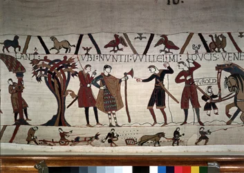 Die Boten von Herzog Wilhelm (1027 - 1087) kommen zu Guy de Ponthieu - Bayeux-Tapete, bekannt als Stickerei der Königin Mathilde