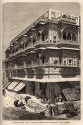 Der Palast des Seth: im Erdgeschoss ein Basar; in den oberen Stockwerken Wohnungen, wo der Autor während seines Besuchs in Ajmir untergebracht ist. Gravur zur Illustration von „L