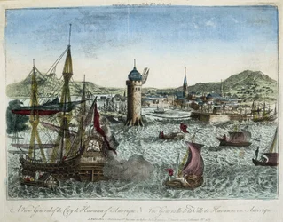 Der Hafen von Havanna und die umliegende Schifffahrt - Gravur