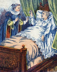 Der Prinz zeigt den Ring seiner Mutter. Anonyme Illustration für „Eselshaut“, Märchen von Charles Perrault (1628-1703), französischer Schriftsteller. Bild von Marcel Vagne, Jarville Nancy, undatiert (spätes 19. Jahrhundert)