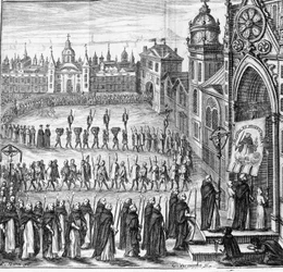 Die Prozession der Inquisition geht zum Tribunal. Spanien. 17. Jahrhundert
