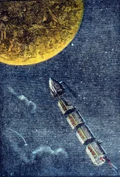 Die Rakete, die in den Weltraum gestartet wurde und den Mond erreicht - Gravur in „Von der Erde zum Mond“ von Jules Verne