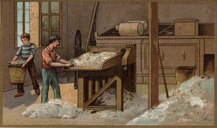 Die Wollindustrie: Dreschen. Chromolithografie aus dem späten 19. Jahrhundert