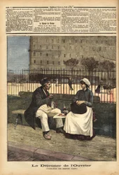 Das Mittagessen der Arbeiter, Reproduktion des Gemäldes von Henri Cain (1859-1930), Maler und Dramatiker. Gravur in „Le petit journal“ 18/04/1891. Selva-Sammlung