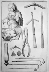 Trepanation des Schädels, verschiedene Instrumente (Gravur)