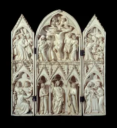 Triptychon von Saint-Sulpice du Tarn: Kreuztragung, Kreuzigung, Kreuzabnahme, Anbetung der Heiligen Drei Könige, Glorreiche Jungfrau, Darstellung im Tempel. Elfenbeinrelief um 1300 Paris, Nationalmuseum des Mittelalters, Thermen