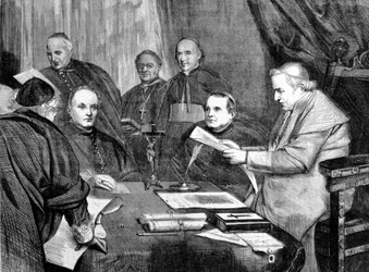 Erstes Vatikanisches Konzil. Papst Pius IX. umgeben von Mitgliedern des Direktoriums des Konzils. 1869