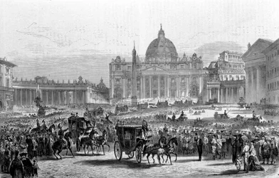 Erstes Vatikanisches Konzil. Rom, Petersplatz an einem Tag der Generalsitzung des Konzils. 1870