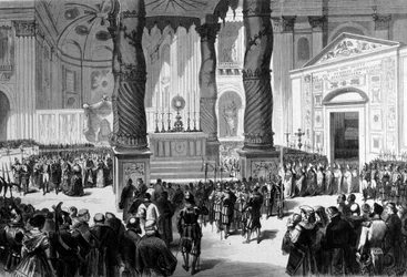 Erstes Vatikanisches Konzil. Rom. Die Prälaten überqueren die Basilika St. Peter zur Konzilshalle. 1870