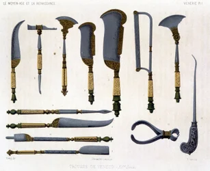 Venerie-Tafel: 16. Jahrhundert Jägerausrüstung. In „Das Mittelalter und die Renaissance“ von Lacroix