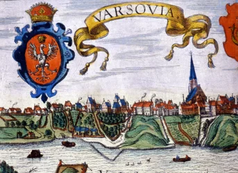 Ansicht der Stadt Warschau mit dem Stadtwappen. 1780.