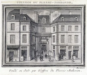Ansicht der Außenfassade des Plessis-Sorbonne-Kollegs (Paris), gegründet 1323 von Geoffroy von Plessis Balisson, genutzt von 1848 bis 1849 von der ENA. Gravur im Musée Carnavalet, Paris